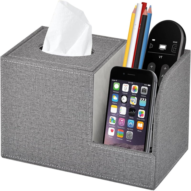 XNONE Square Tissue Box Cover Organizer,PU Leather Cube Tissue Box Holder with 2-Compartment Storage Box,Tissue and Remote Control Holder,Decorative Tissue Box Bedroom NightStand Office Tabletop,Grey - Image 1